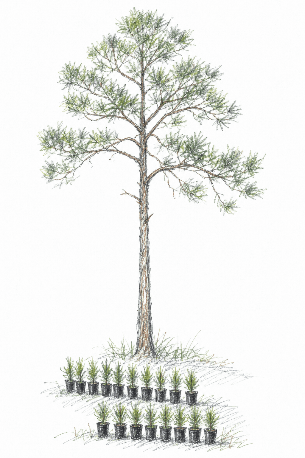 Colored-pencil sketch of a tall slash pine with rows of container plants growing in its shade