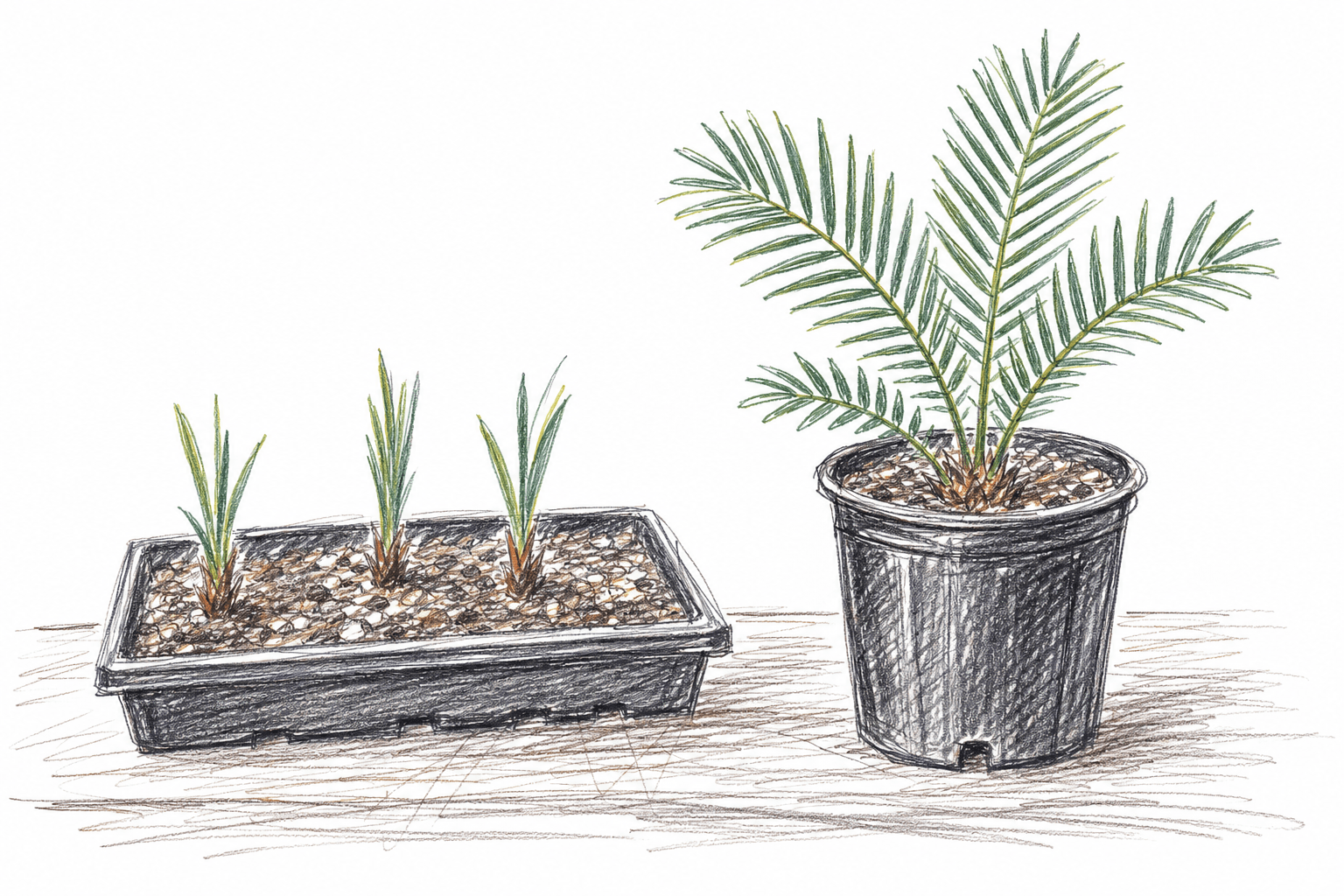 Colored-pencil sketch of a seed tray with coontie seedlings next to a young plant in a one-gallon nursery pot