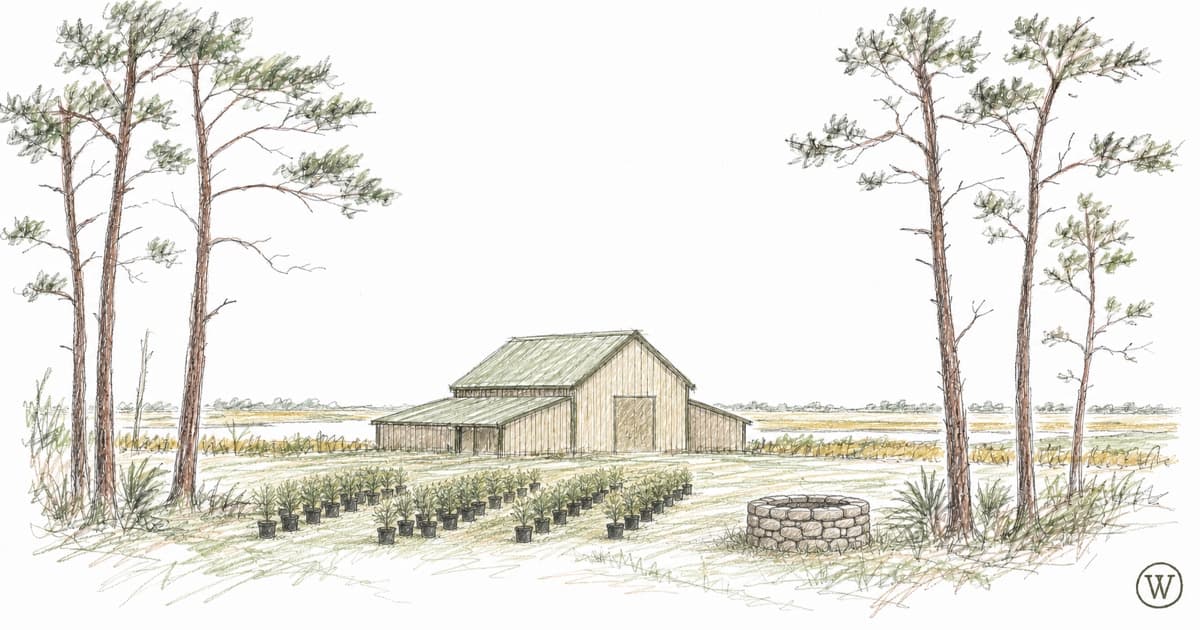 Colored-pencil sketch of the Wardwells barn among tall pines, with nursery containers, a stone well, and the marsh behind